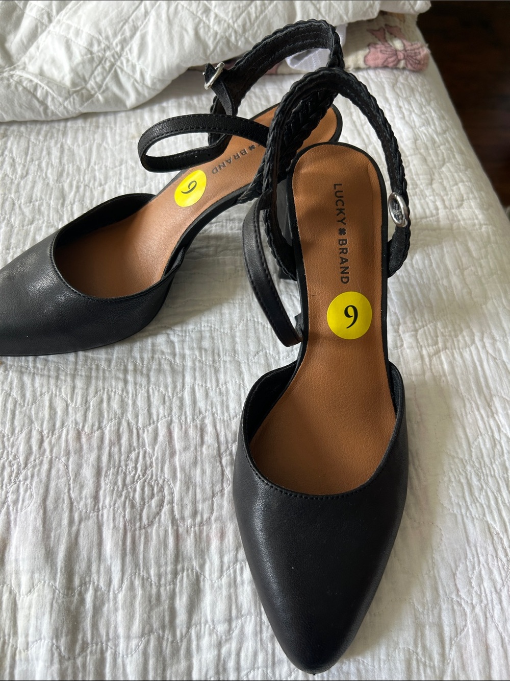 Lucky Brand Black Braided Ankle-Strap Pointed Heels